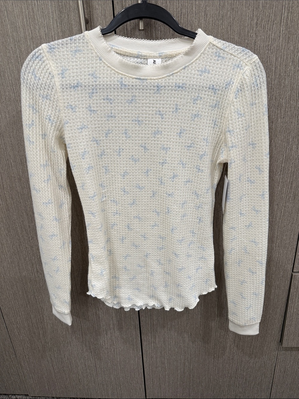 Abound Waffle Knit Long-Sleeve Crewneck Top in Cream with Blue Flecks